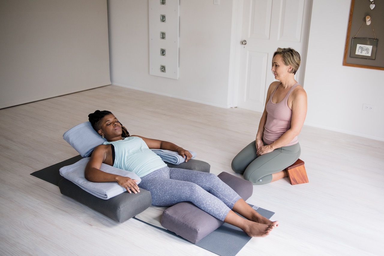 supported yoga nidra meditation pose for online yoga nidra for beginners course