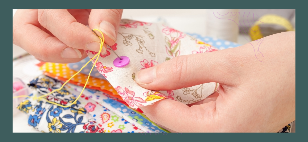 mindful hand sewing on patterned fabric
